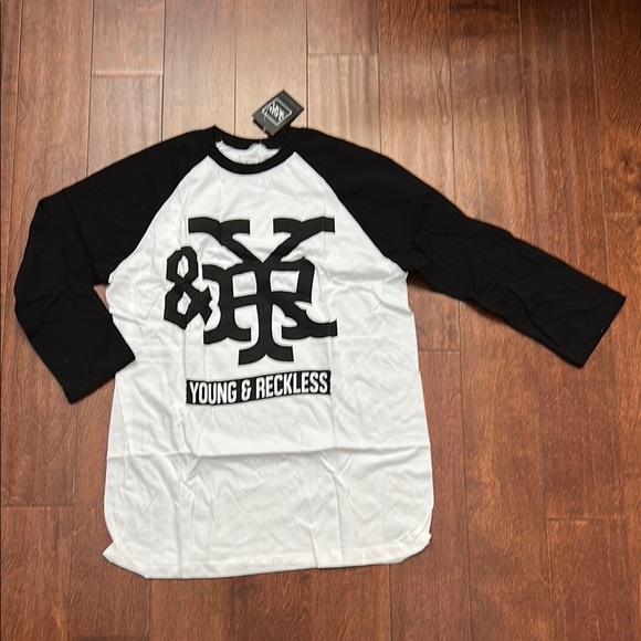 Young & Reckless Black and White 3/4 Sleeve Baseball Tee, Size Large, NWT - Picture 1 of 9